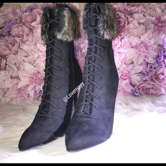 💀NEW Faux Fur Faux Suede Heeled Booties - Picture 4 of 7